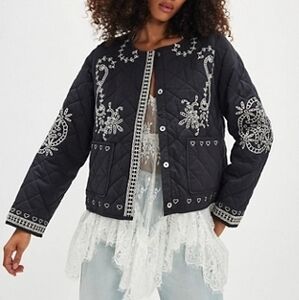 Free People | Sissel Edelbo LILIANA Black Quilted Jacket Embroidered M-L NWT